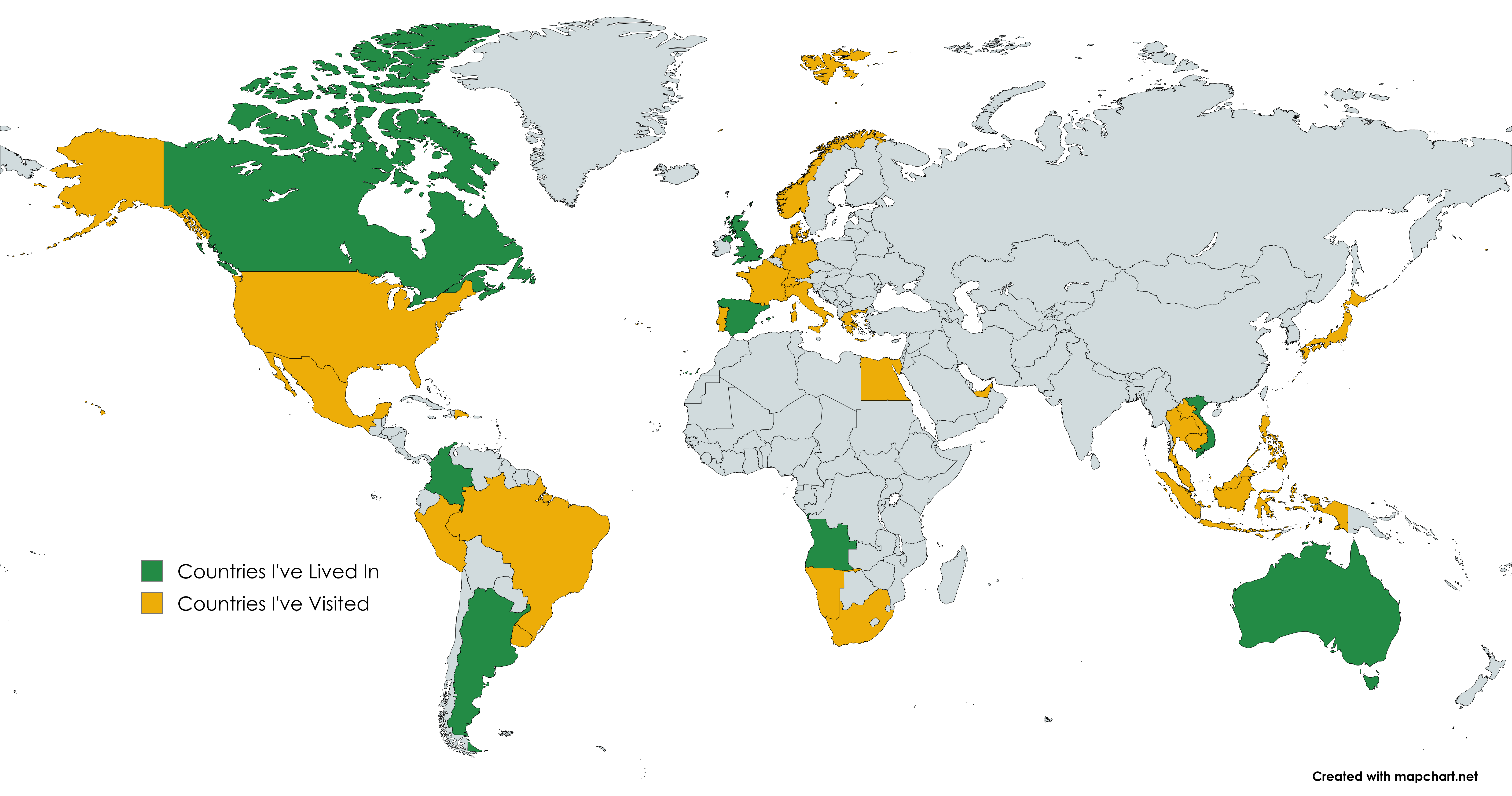Map of countries lived and visited