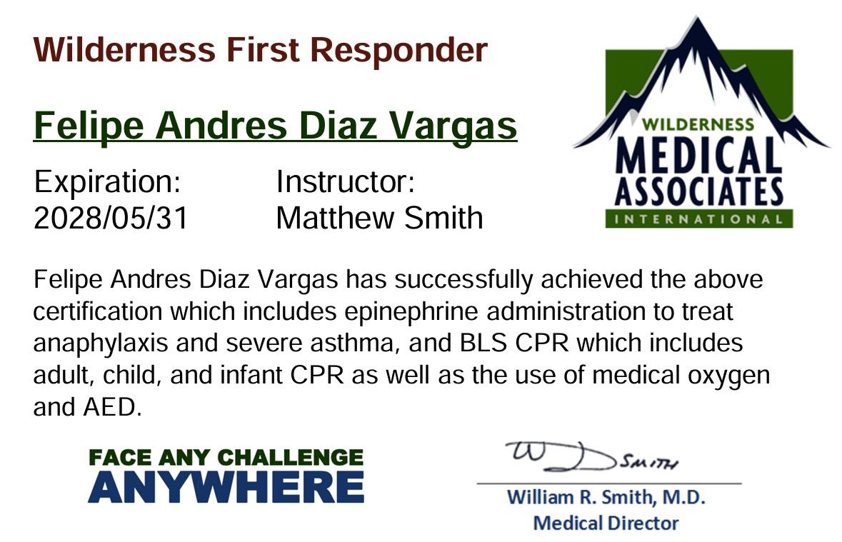 Wilderness First Responder Certificate