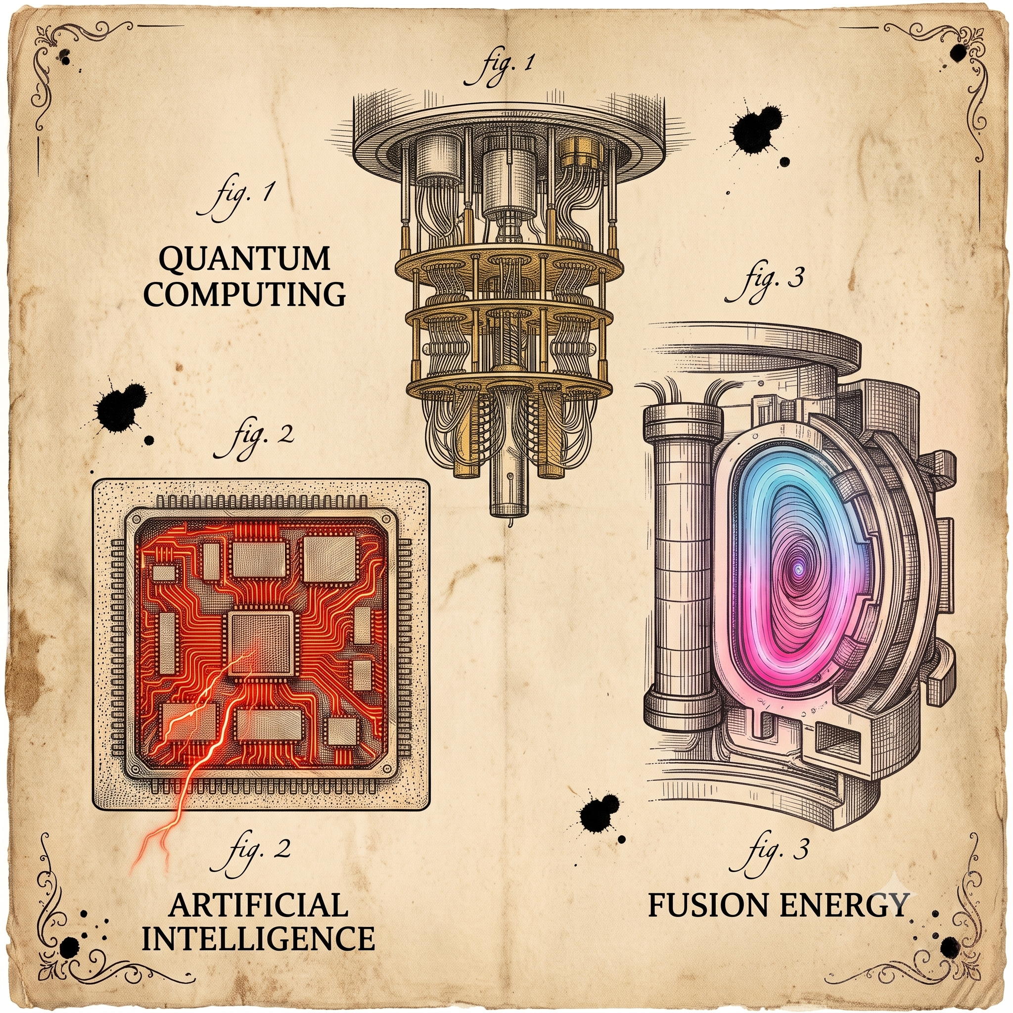 Vintage patent-style illustration of quantum computing, artificial intelligence, and fusion energy